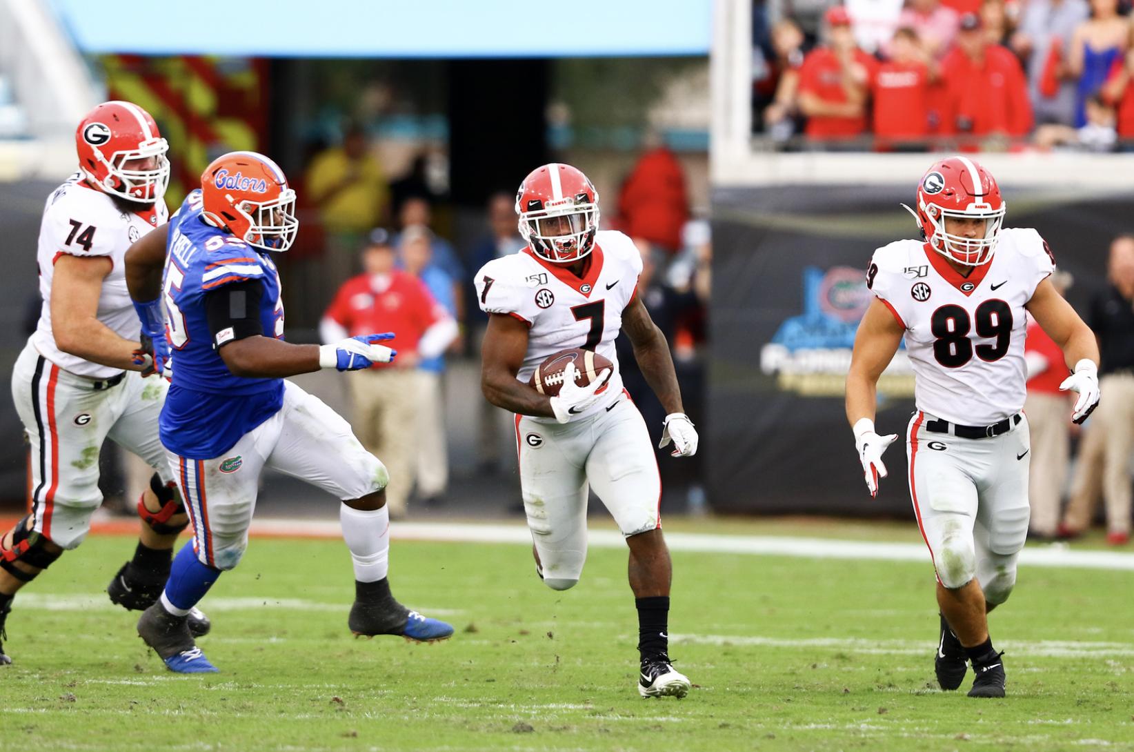 Georgia tailback D'Andre Swift during the first half of the Bulldogs’ game against Florida at TIAA Bank Field in Jacksonville, Fla., on Saturday, Nov. 2, 2019. (Photo by Tony Walsh)